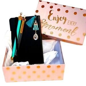 Journal Black Hardcover Notebook SET Jeweled Bookmark Pencil Duo w GIFT BOX New!